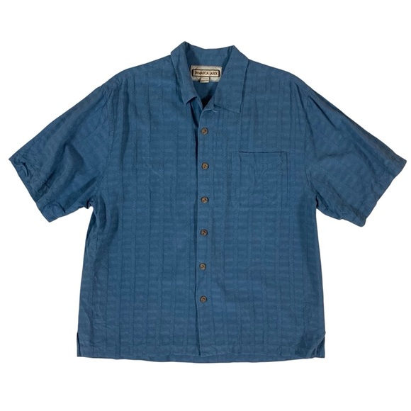 Jamaica Jaxx Blue Silk Textured Button Shirt L Retro Vacation Resortwear - Picture 1 of 3